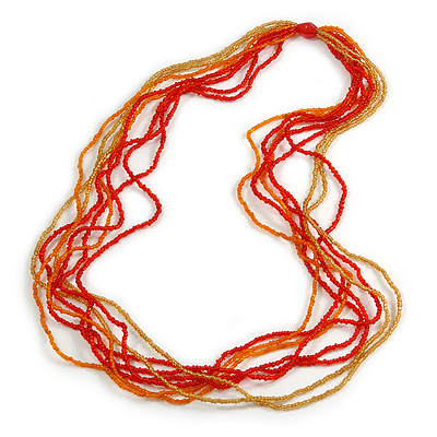 Long Multistrand Glass Bead Necklace In Shades of Red/ Orange/ Yellow - 86cm L - main view