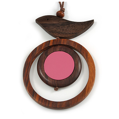 Brown/ Pink Bird and Circle Wooden Pendant Cotton Cord Long Necklace - 84cm L/ 10cm Pendant