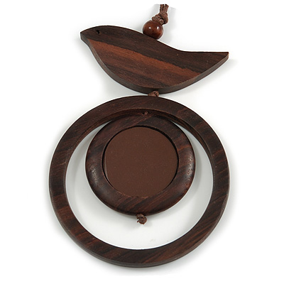 Brown Bird and Circle Wooden Pendant Cotton Cord Long Necklace - 84cm L/ 10cm Pendant - main view