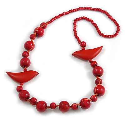 Red Wood Bead Bird Long Necklace - 80cm Long - main view