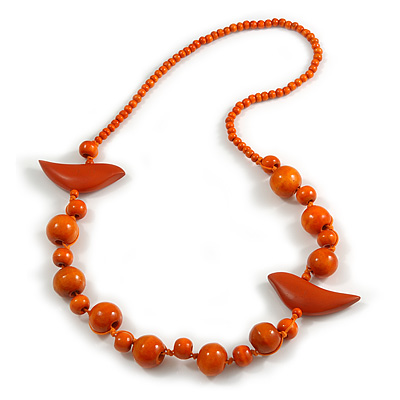 Orange Wood Bead Bird Long Necklace - 80cm Long