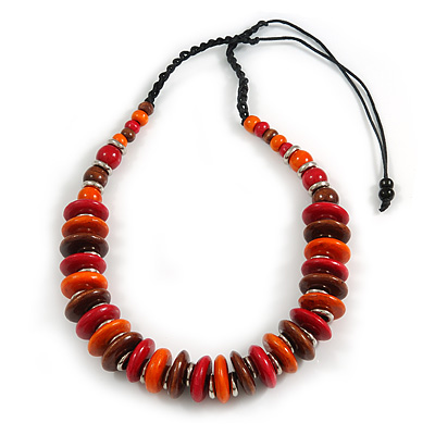 Brown/ Red/ Orange Wood Button/ Round Bead Black Cotton Cord Necklace - 80cm Max Lenght - Adjustable - main view