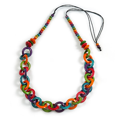 Multicoloured Wooden Ring and Bead Cotton Cord Long Necklace - 90cm L/ Adjustable - main view
