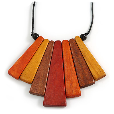 Red/ Brown/ Yellow/ Orange Geometric Wood Pendant with Black Waxed Cotton Cord - 90cm Long/ 8cm Pendant - main view