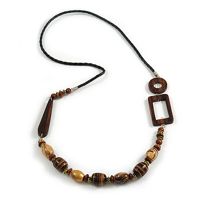 Geometric Brown Wooden Bead Black Faux Leather Cord Long Necklace - 84cm L