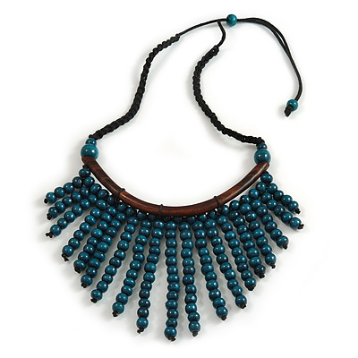 Statement Teal Wooden Bead Fringe Black Cotton Cord Necklace - Adjustable - main view