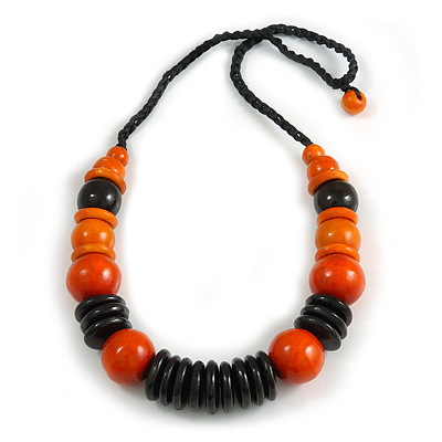 Orange/ Black Wood Bead Black Cord Necklace - 64cm L - main view