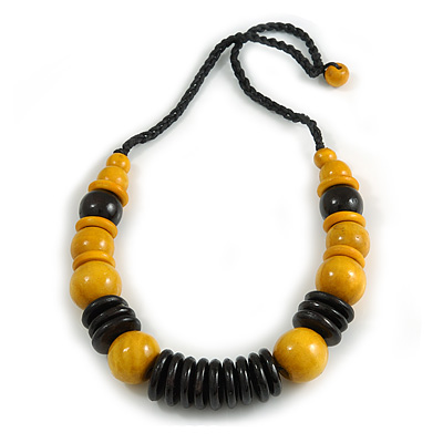 Yellow/ Black Wood Bead Black Cord Necklace - 64cm L - main view