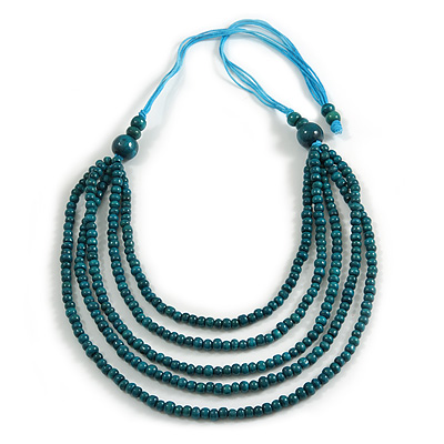 Teal Green Multistrand Layered Wood Bead with Cotton Cord Necklace - 90cm Max length- Adjustable - main view