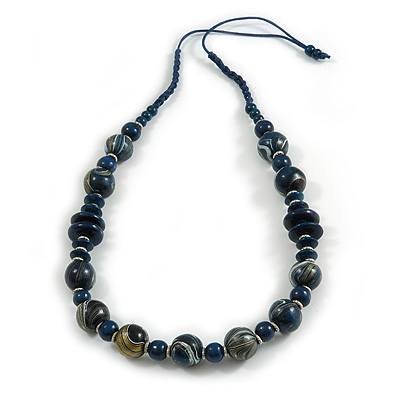 Dark Blue Wood Bead Grass Green Cotton Cord Necklace - 80cm Max Length - Adjustable - main view