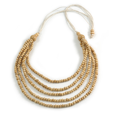 Natural Multistrand Layered Wood Bead with Cotton Cord Necklace - 90cm Max length- Adjustable - main view