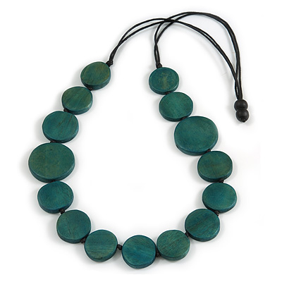 Geometric Washed Teal Green Coloured Coin Wood Bead Black Cord Necklace - 84cm Long Adjustable - main view