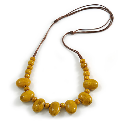 Dusty Yellow Oval/ Round Ceramic Bead Brown Silk Cords Necklace - Adjustable - 60cm to 70cm Long - main view