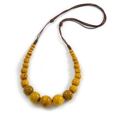 Dusty Yellow Ceramic Bead Brown Silk Cords Necklace - Adjustable - 60cm to 70cm Long - main view