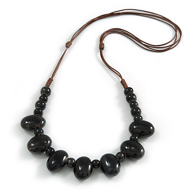 Black Oval/ Round Ceramic Bead Brown Silk Cords Necklace 60-70cm L/ Adjustable - main view