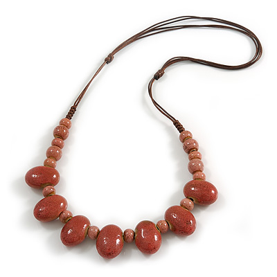 Dusty Pink Oval/ Round Ceramic Bead Brown Silk Cords Necklace - Adjustable - 60cm to 70cm Long - main view