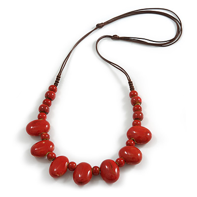 Red Oval/ Round Ceramic Bead Brown Silk Cords Necklace 60-70cm L/ Adjustable