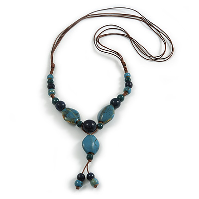 Teal/ Blue Oval/ Round Ceramic Bead Tassel Necklace with Brown Silk Cord/ 70-80cmL/ Adjustable - main view