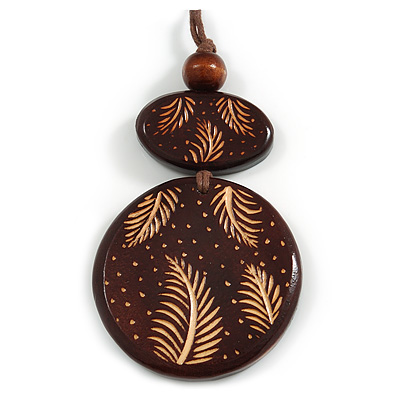 Long Cotton Cord Wooden Pendant with Feather Pattern In Dark Brown - 76cm L - main view