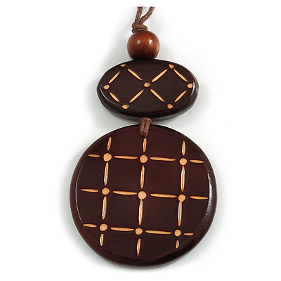 Long Cotton Cord Wooden Pendant with Checked Pattern In Dark Brown - 76cm L