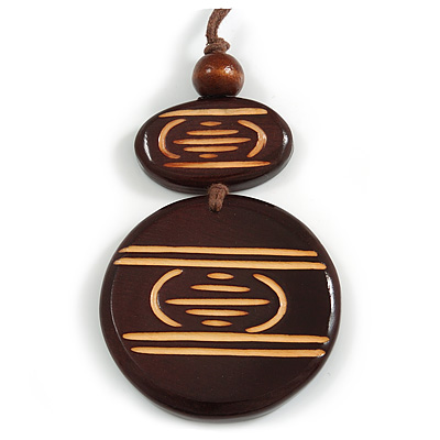 Long Cotton Cord Wooden Pendant with Geometric Pattern In Dark Brown - 76cm L - main view