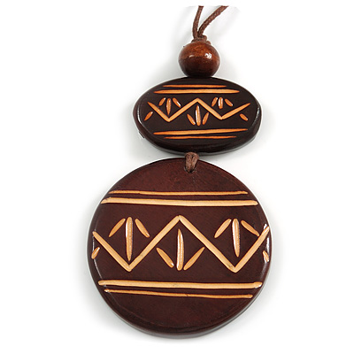 Long Cotton Cord Wooden Pendant with Arrow Pattern In Dark Brown - 76cm L - main view