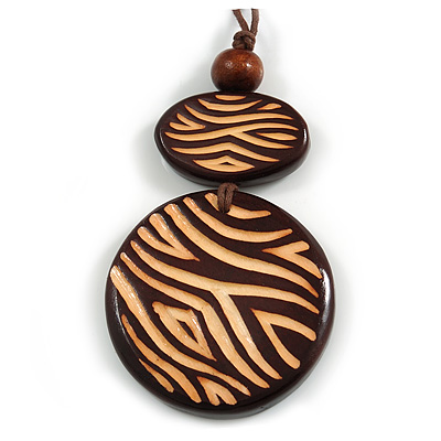 Long Cotton Cord Wooden Pendant with Curvy Lines Pattern In Dark Brown - 76cm L - main view