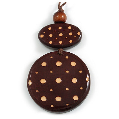 Long Cotton Cord Wooden Pendant with Dotted Motif In Dark Brown - 76cm L - main view
