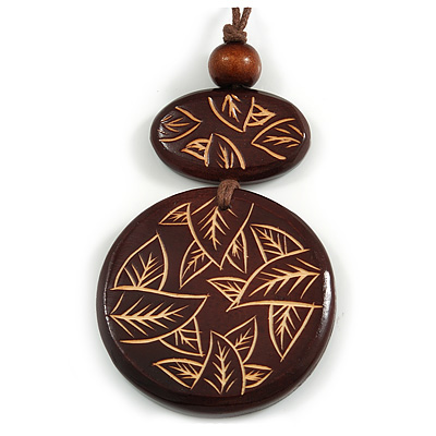 Long Cotton Cord Wooden Pendant with Leaf Motif In Dark Brown - 76cm L - main view