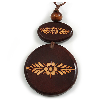 Long Cotton Cord Wooden Pendant with Floral Motif In Dark Brown - 76cm L - main view