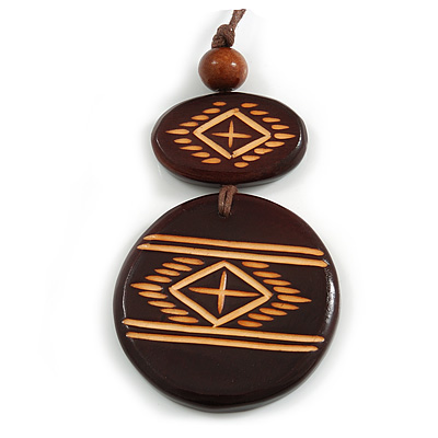 Long Cotton Cord Wooden Pendant with Tribal Motif In Dark Brown - 76cm L - main view