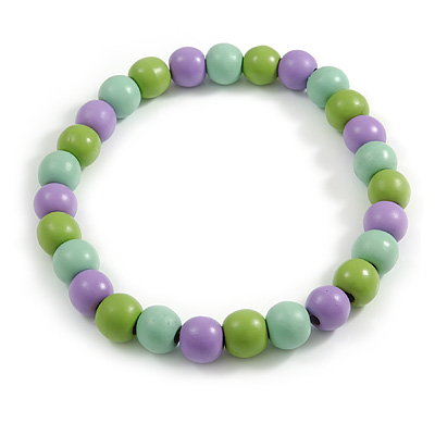 Chunky Mint/ Lilac/ Lime Green Round Bead Wood Flex Necklace - 48cm Long - main view
