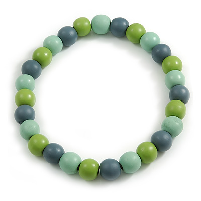 Chunky Mint/ Grey/ Lime Green Round Bead Wood Flex Necklace - 48cm Long - main view