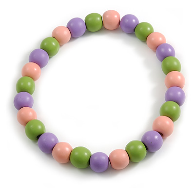 Chunky Pink/Lilac/Lime Green Round Bead Wood Flex Necklace - 48cm Long - main view