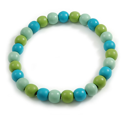 Chunky Mint/ Turquoise/ Lime Green Round Bead Wood Flex Necklace - 48cm Long - main view