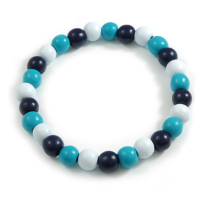 Chunky White/ Turquoise/ Dark Blue Round Bead Wood Flex Necklace - 48cm Long - main view