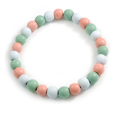 Chunky Pastel Mint/ White/ Pink Round Bead Wood Flex Necklace - 48cm Long - main view