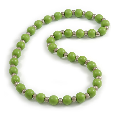 Lime Green Painted Wood and Silver Tone Acrylic Bead Long Necklace - 70cm L - main view
