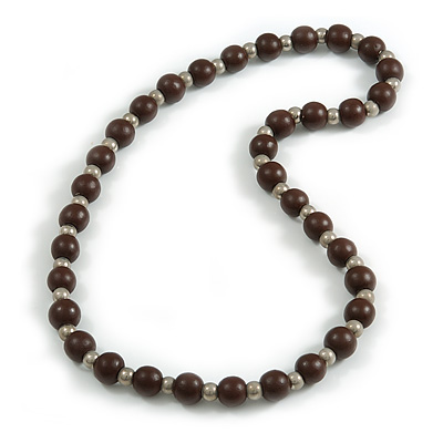 Brown Painted Wood and Silver Tone Acrylic Bead Long Necklace - 70cm L - main view