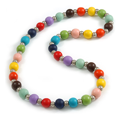 Multicoloured Painted Wood and Silver Tone Acrylic Bead Long Necklace - 70cm L - main view