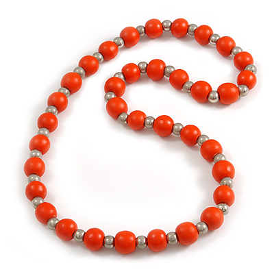 Orange Painted Wood and Silver Tone Acrylic Bead Long Necklace - 70cm L - main view