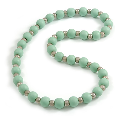 Mint Painted Wood and Silver Tone Acrylic Bead Long Necklace - 70cm L - main view