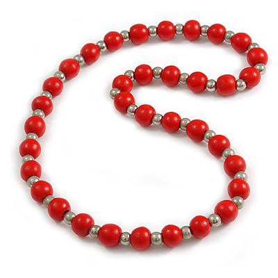 Red Painted Wood and Silver Tone Acrylic Bead Long Necklace - 70cm L - main view