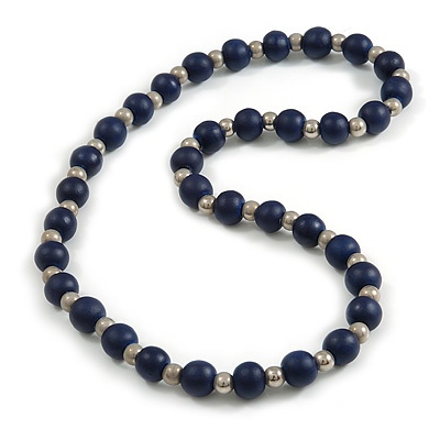 Dark Blue Painted Wood and Silver Tone Acrylic Bead Long Necklace - 70cm L - main view