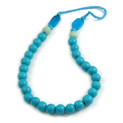 Long Turquoise/ Mint Painted Wooden Bead Cord Long Necklace - 80cm L - main view
