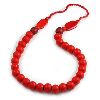 Long Red Painted Wooden Bead Cord Long Necklace - 80cm L - main view