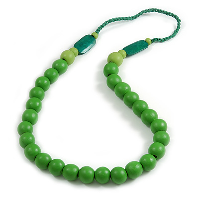 Long Green Painted Wooden Bead Cord Long Necklace - 80cm L