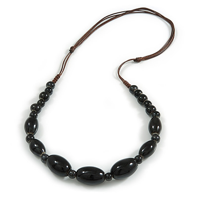 Black Round/ Oval Ceramic Bead Brown Silk Cords Necklace 60-70cm L/ Adjustable