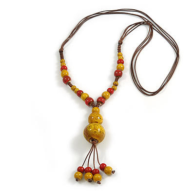 Dusty Yellow/ Red Ceramic Bead Tassel Necklace with Brown Silk Cord/ 70-80cmL/ Adjustable - main view