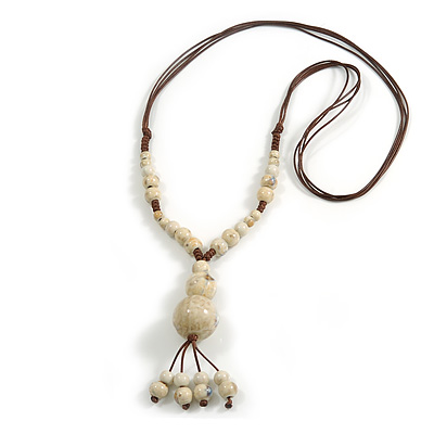 Antique White Ceramic Bead Tassel Necklace with Brown Silk Cord/ 70-80cmL/ Adjustable - main view
